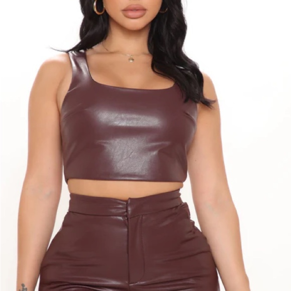 Fashion Nova Julia Faux Leather Crop Tank Top Chocolate